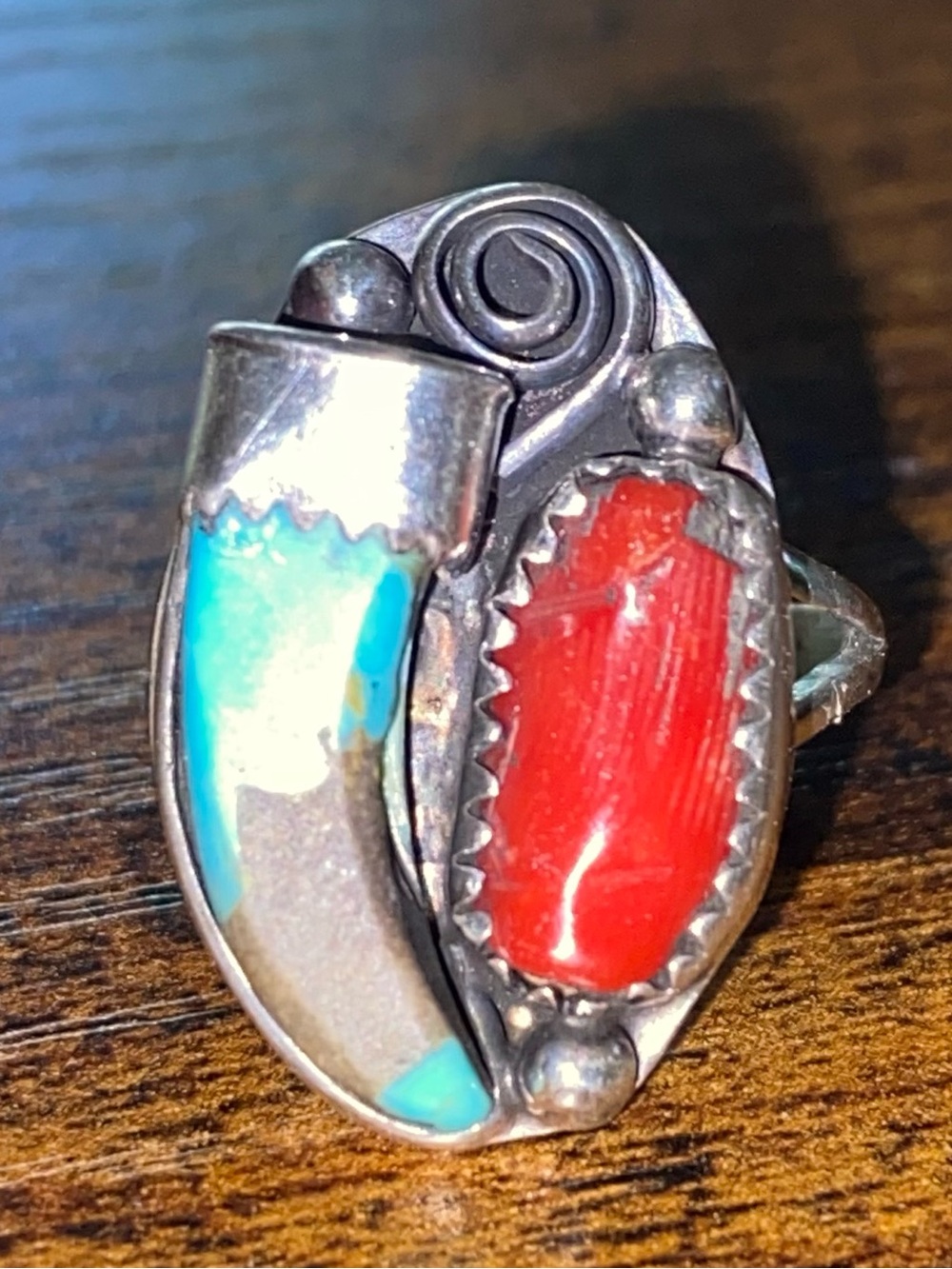 Native American Sterling Silver Mine 8 Turquoise & Red Coral Ring (signed TAL 7)